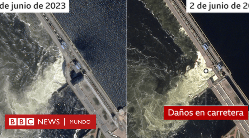 Las imágenes que muestran el antes y el después del daño causado por la destrucción de una represa en Ucrania - BBC News Mundo