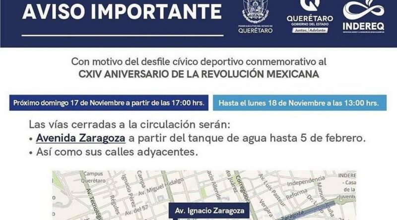 Anuncian cierre de Avenida Zaragoza este domingo