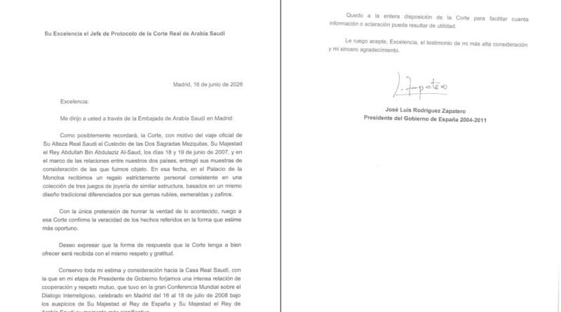 La carta de Zapatero a Arabia Saudí para que “confirme” su versión sobre las joyas: “Recibimos un regalo estrictamente personal”