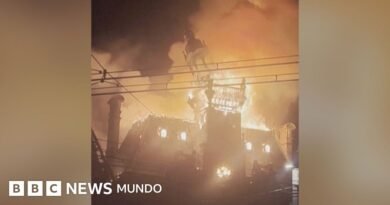 Video: El momento en que la torre de un histórico ayuntamiento francés se derrumba en llamas en medio de las protestas - BBC News Mundo